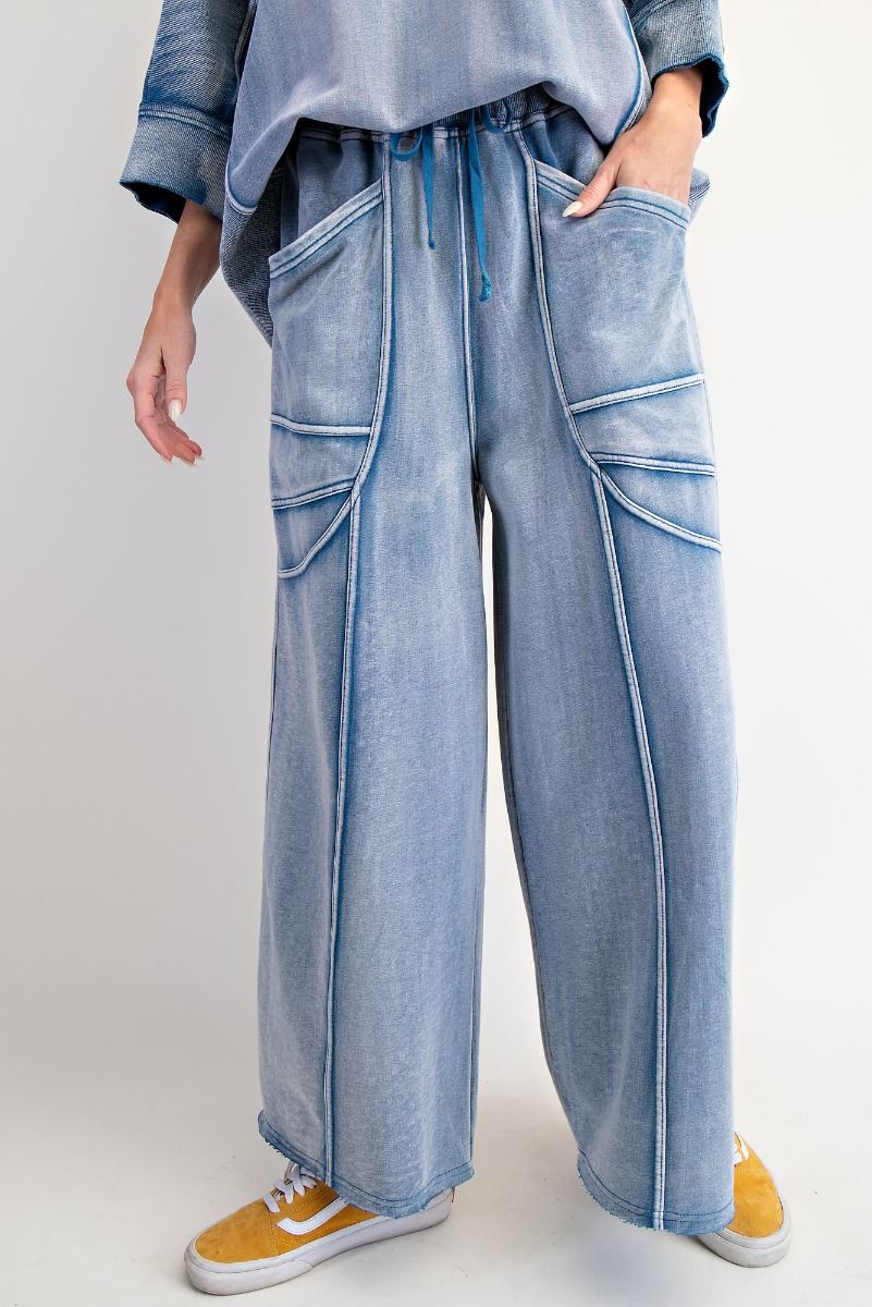 "Margot" Wide Leg French Terry Pants in Washed Denim Blue
