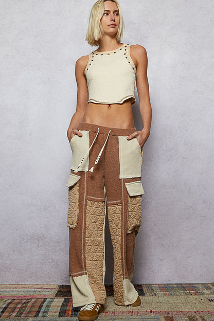 "Wanderlust" Oat Chocolate Floral Knit Thermal Quilted Pants