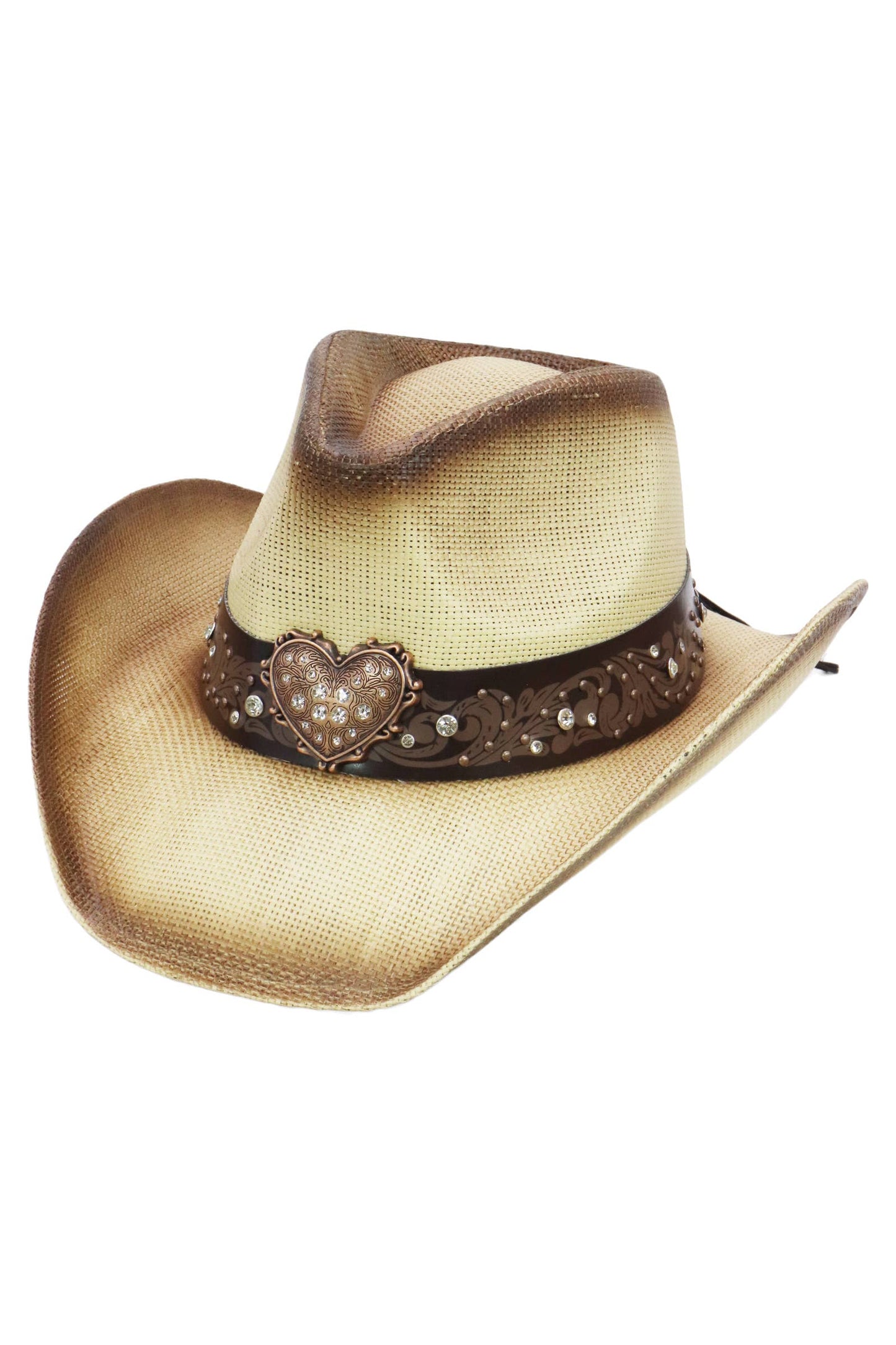 "Heart Bling" Rhinestone Belt Ombre Straw Cowboy Hat