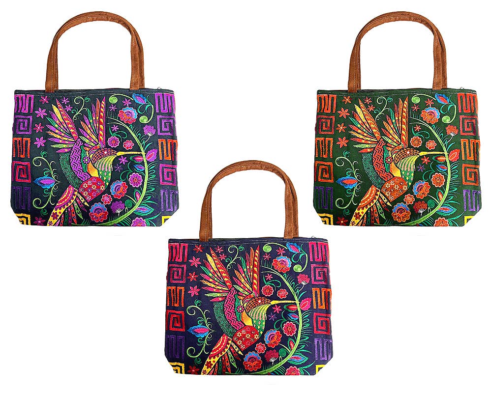 "Boho Hummie" Embroidered Floral Hummingbird Tote Bag