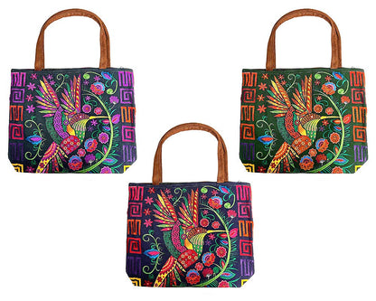 "Boho Hummie" Embroidered Floral Hummingbird Tote Bag