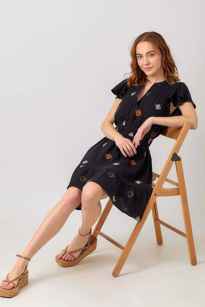 "Dayna" Embroidered Double Gauze Dress in Black