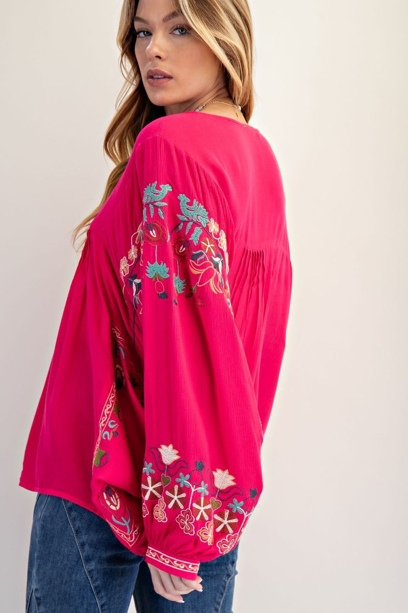"Bianca" Embroidered Rayon Top in Fuchsia