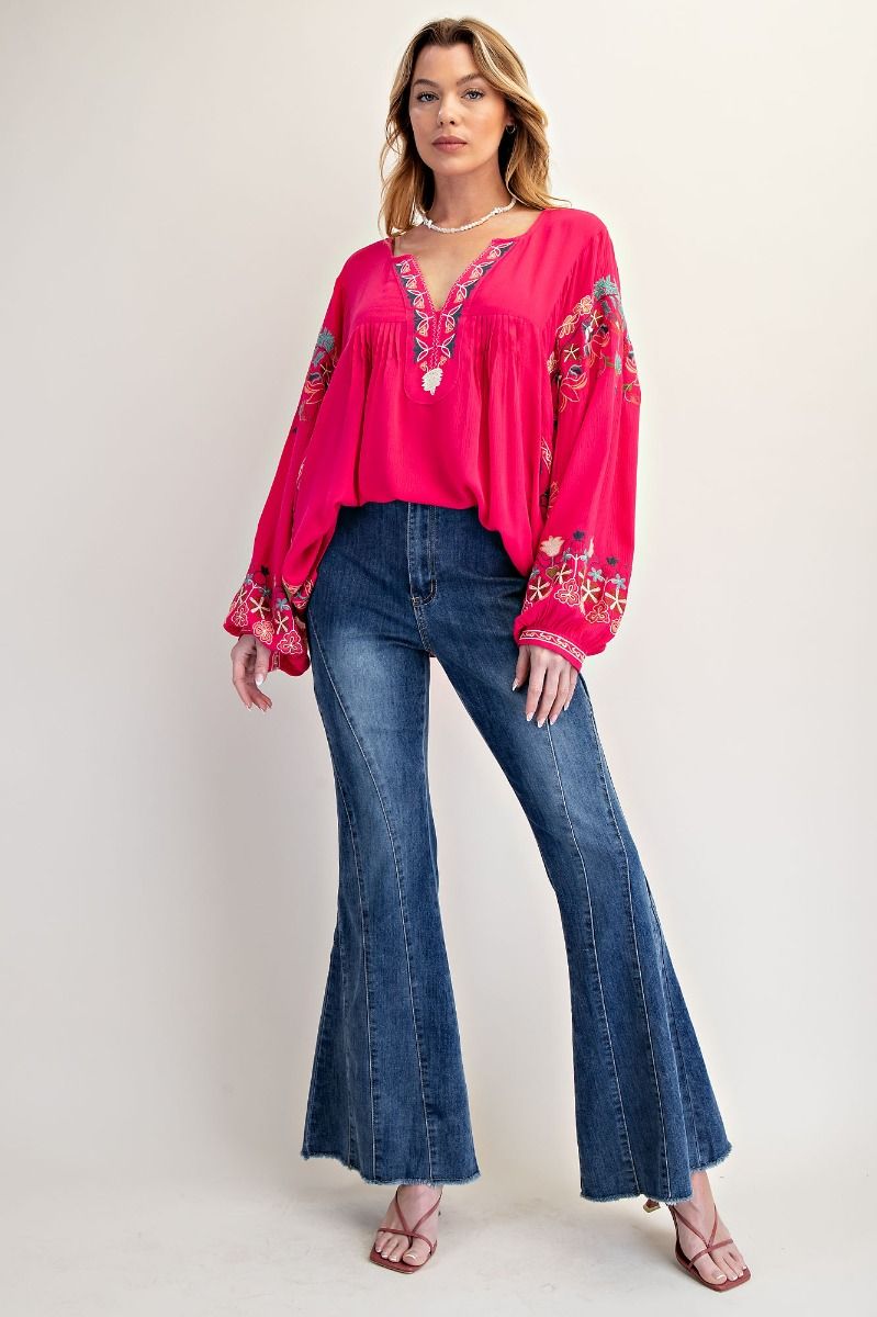"Bianca" Embroidered Rayon Top in Fuchsia