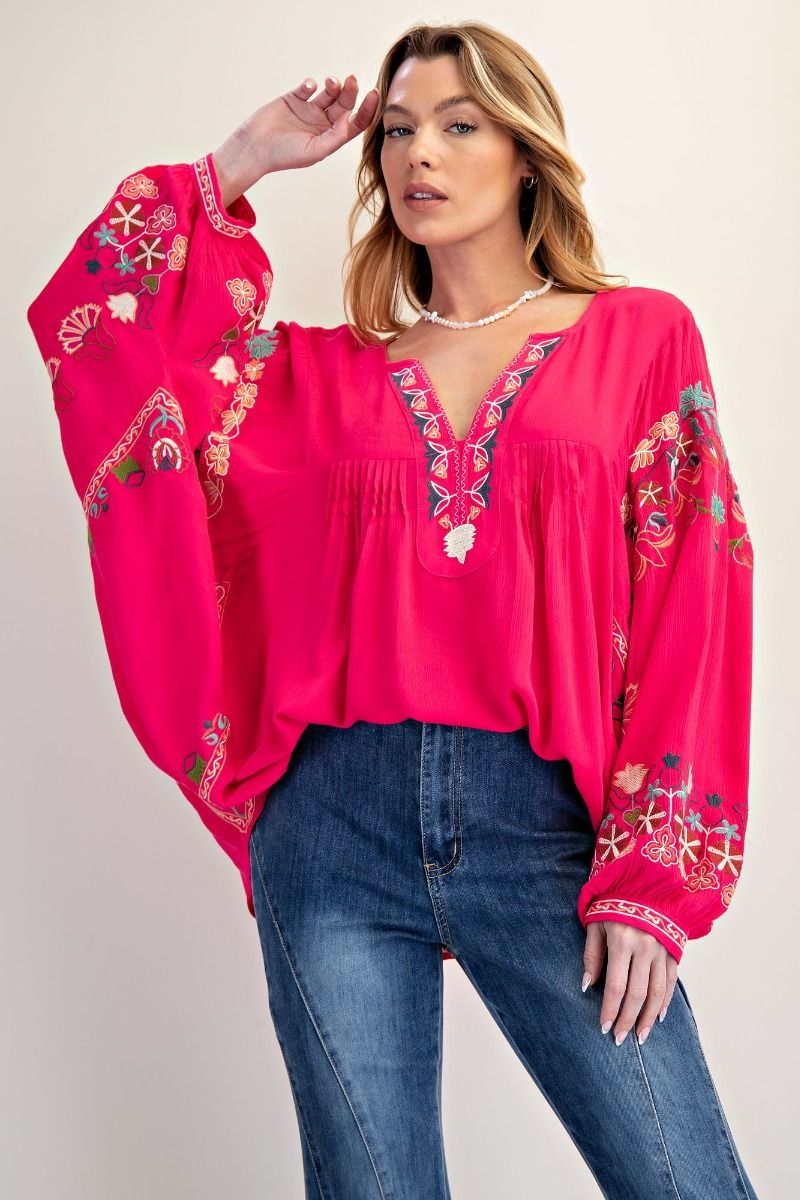 "Bianca" Embroidered Rayon Top in Fuchsia