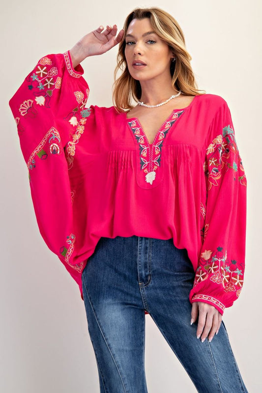 "Bianca" Embroidered Rayon Top in Fuchsia