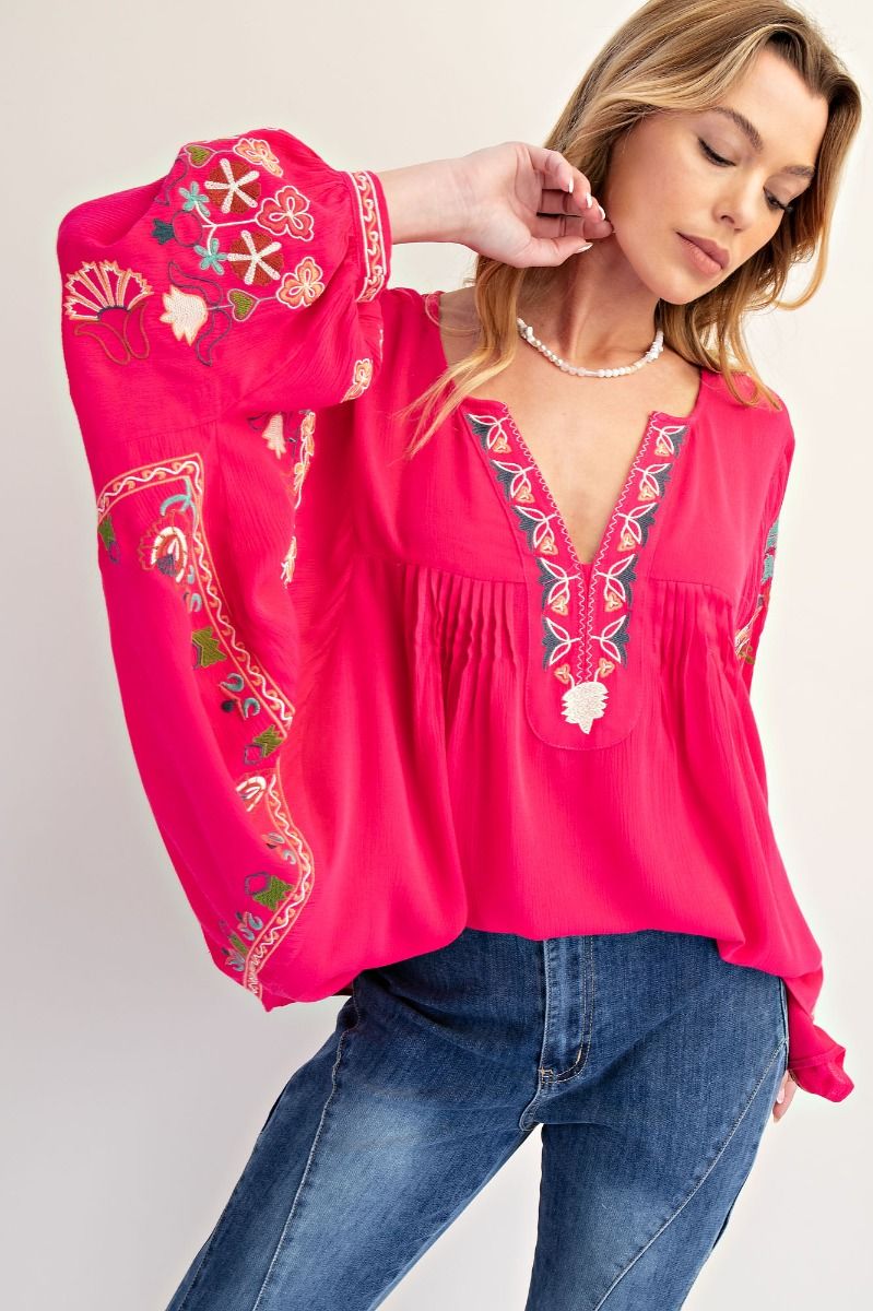 "Bianca" Embroidered Rayon Top in Fuchsia