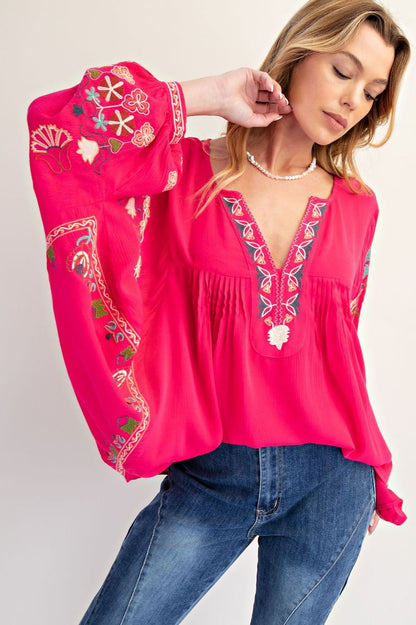 "Bianca" Embroidered Rayon Top in Fuchsia