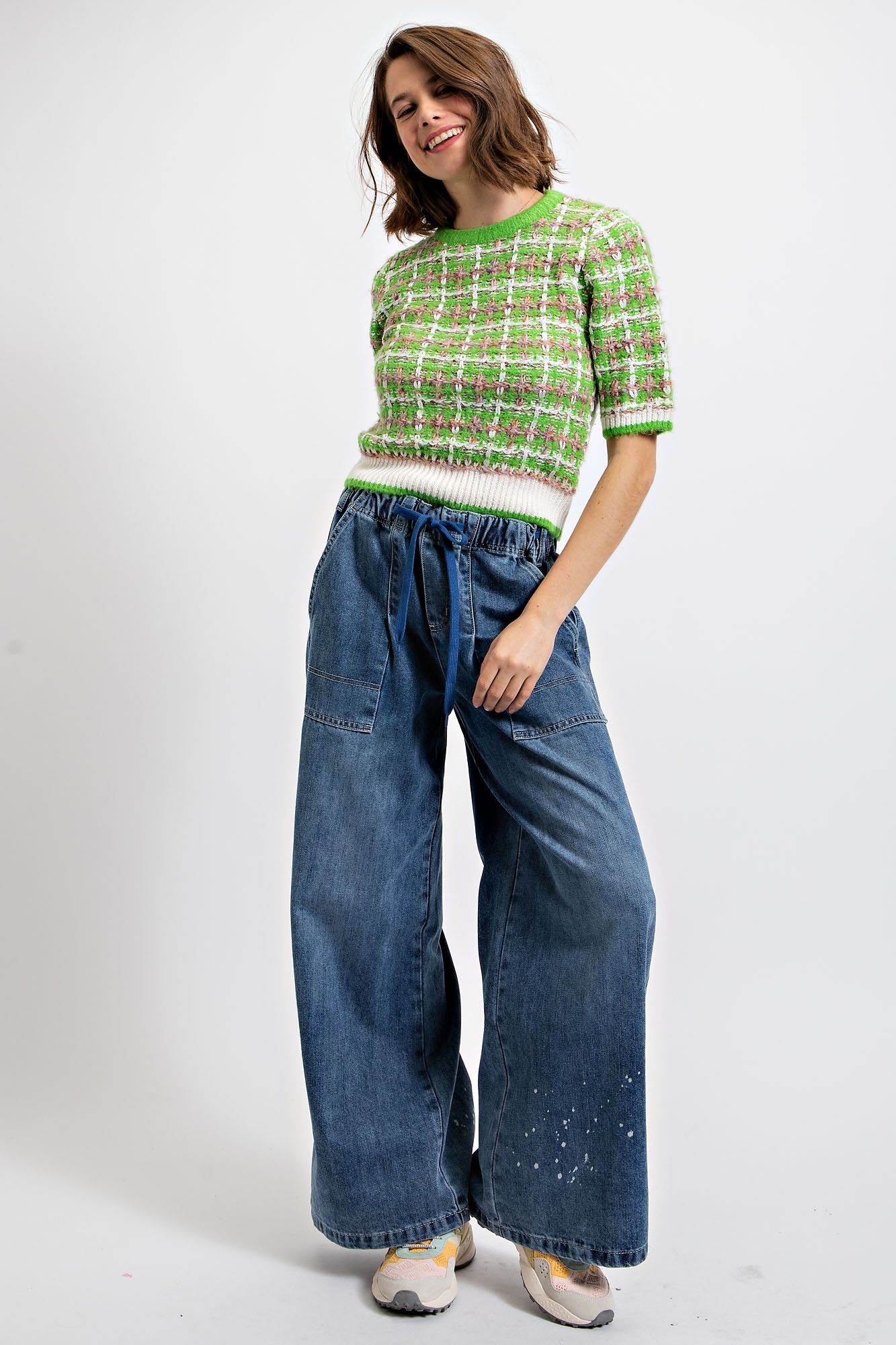 "Tweedy Top" Plaid Sweater Top in Lime Green