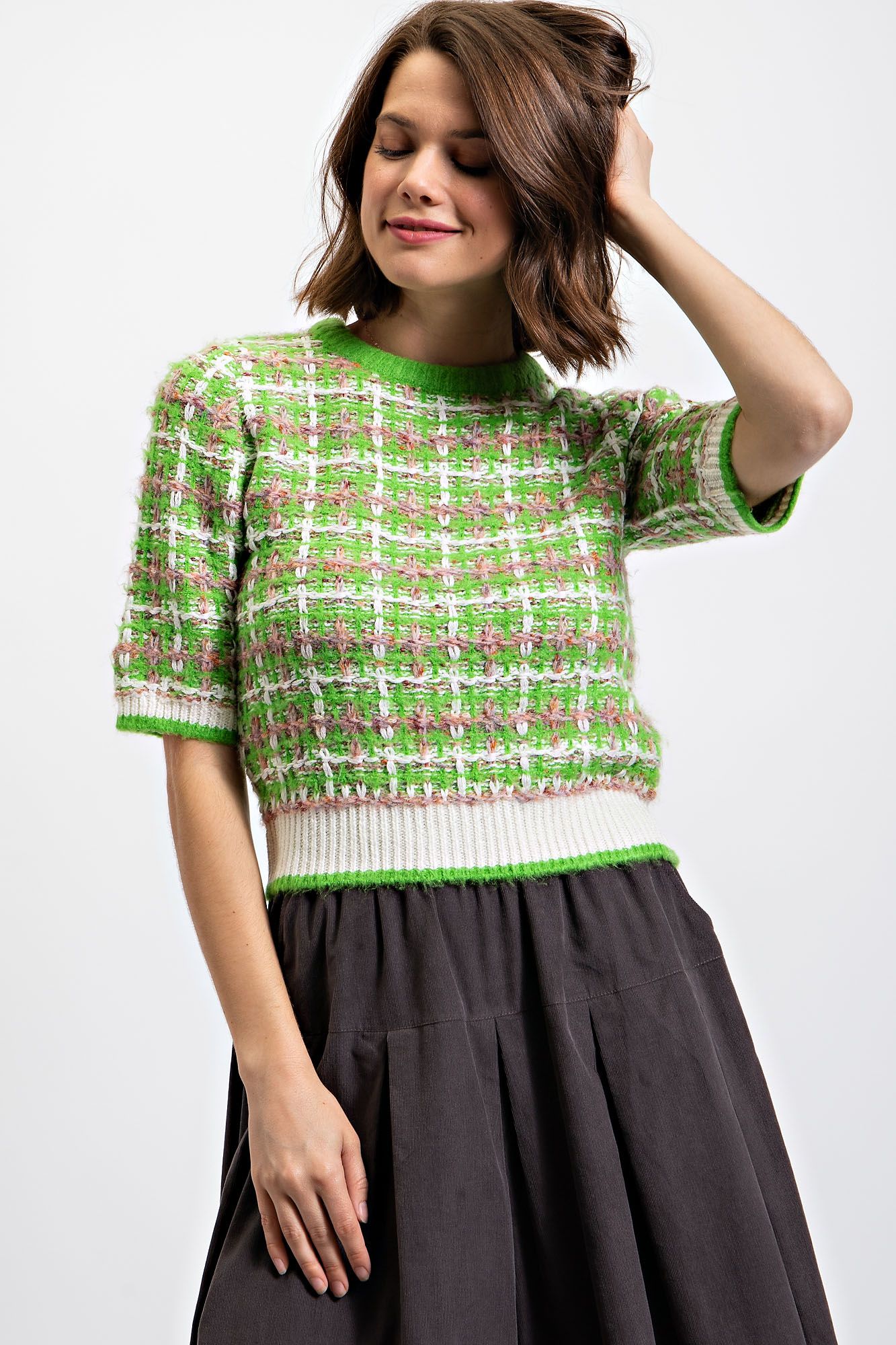 "Tweedy Top" Plaid Sweater Top in Lime Green