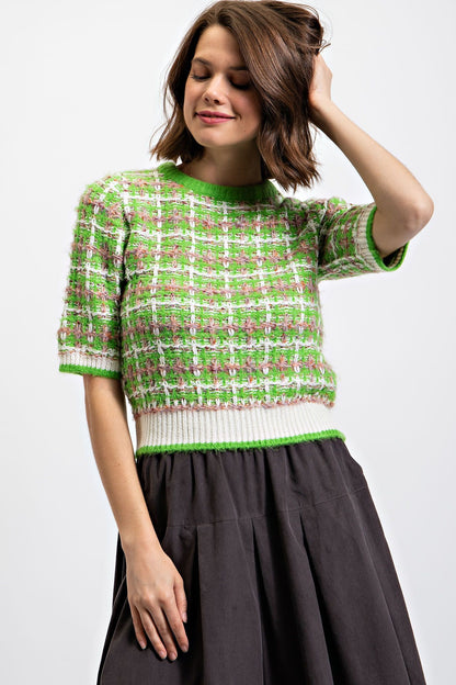 "Tweedy Top" Plaid Sweater Top in Lime Green