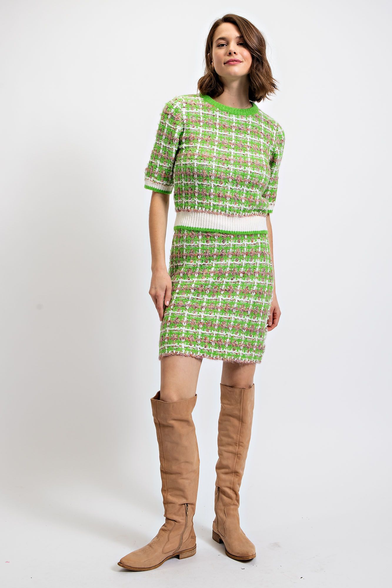 "Tweedy Top" Plaid Sweater Top in Lime Green