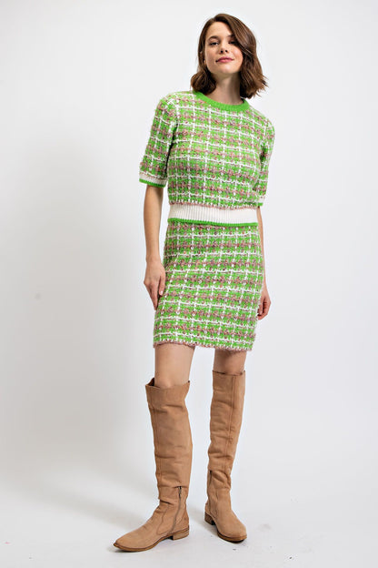"Tweedy Top" Plaid Sweater Top in Lime Green