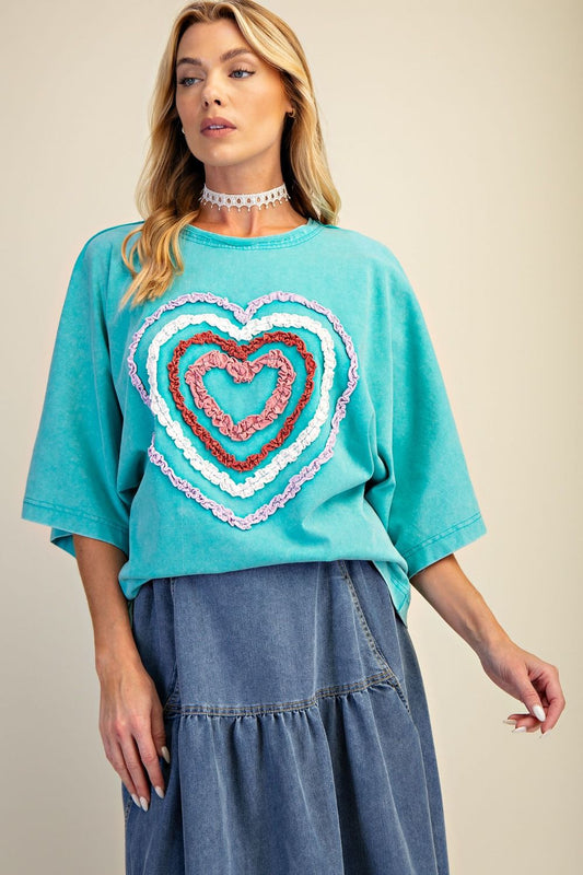 "Heart Rays" French Terry Top in Turquoise