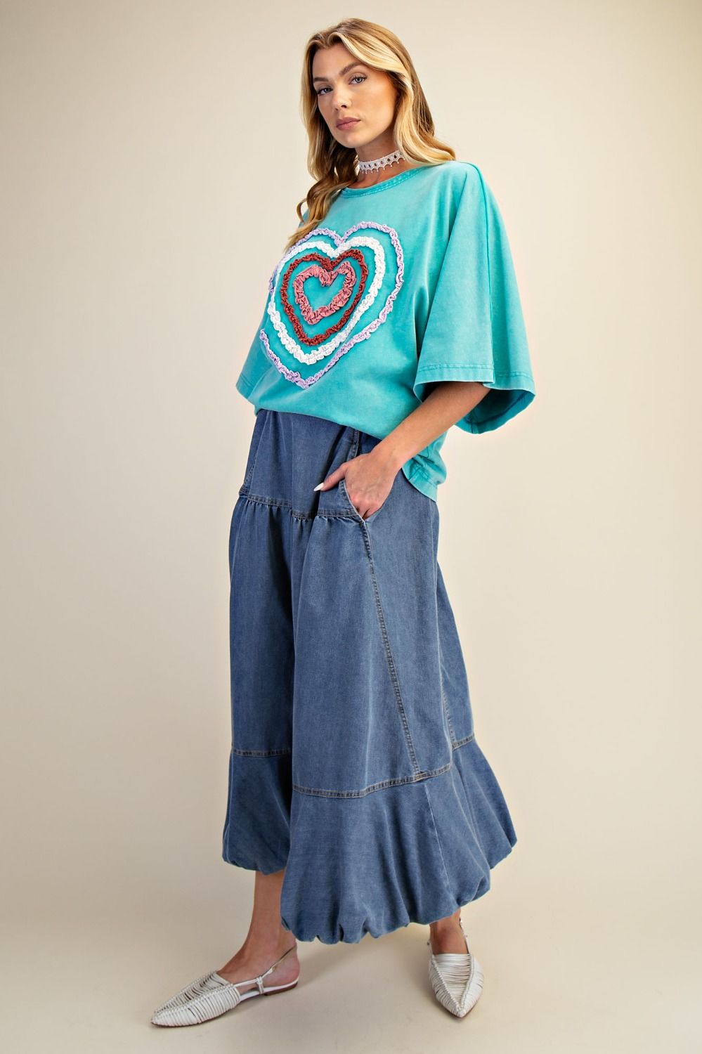"Heart Rays" French Terry Top in Aqua