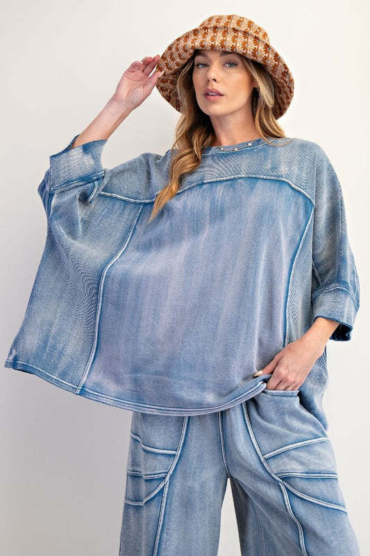 "Sabrina" Boxy Oversized Knit Top in Washed Denim Blue