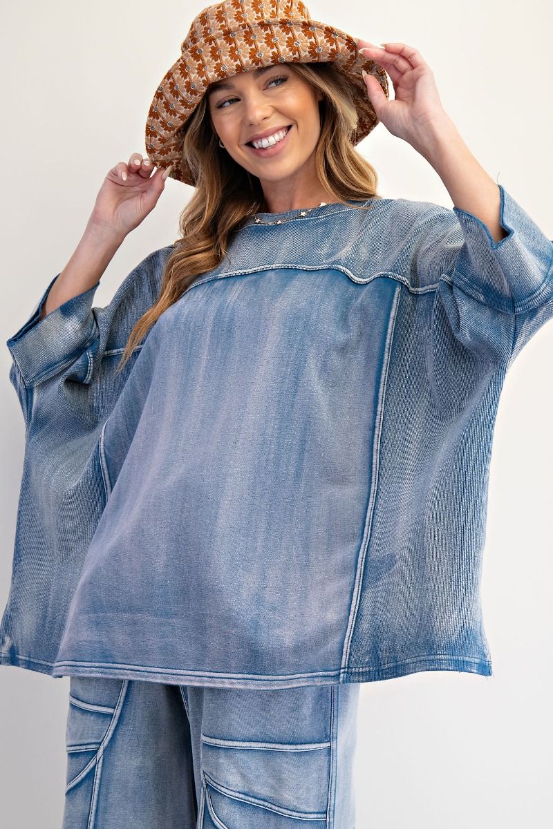 "Sabrina" Boxy Oversized Knit Top in Washed Denim Blue