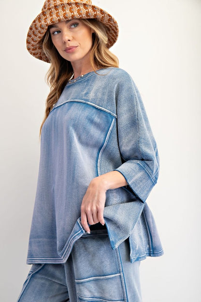"Sabrina" Boxy Oversized Knit Top in Washed Denim Blue