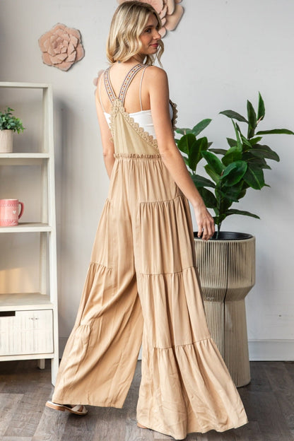 "Freedom" Embroidered Overall Wide Leg Romper In Khaki