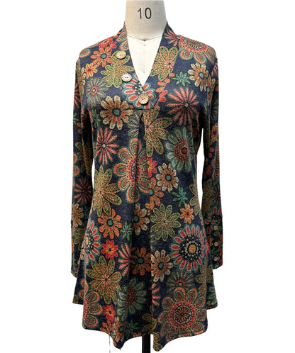 "Lady Bloom" Floral Button Decorated V Neck Tunic