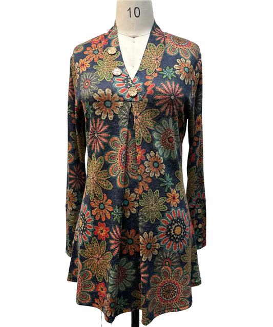 "Lady Bloom" Floral Button Decorated V Neck Tunic