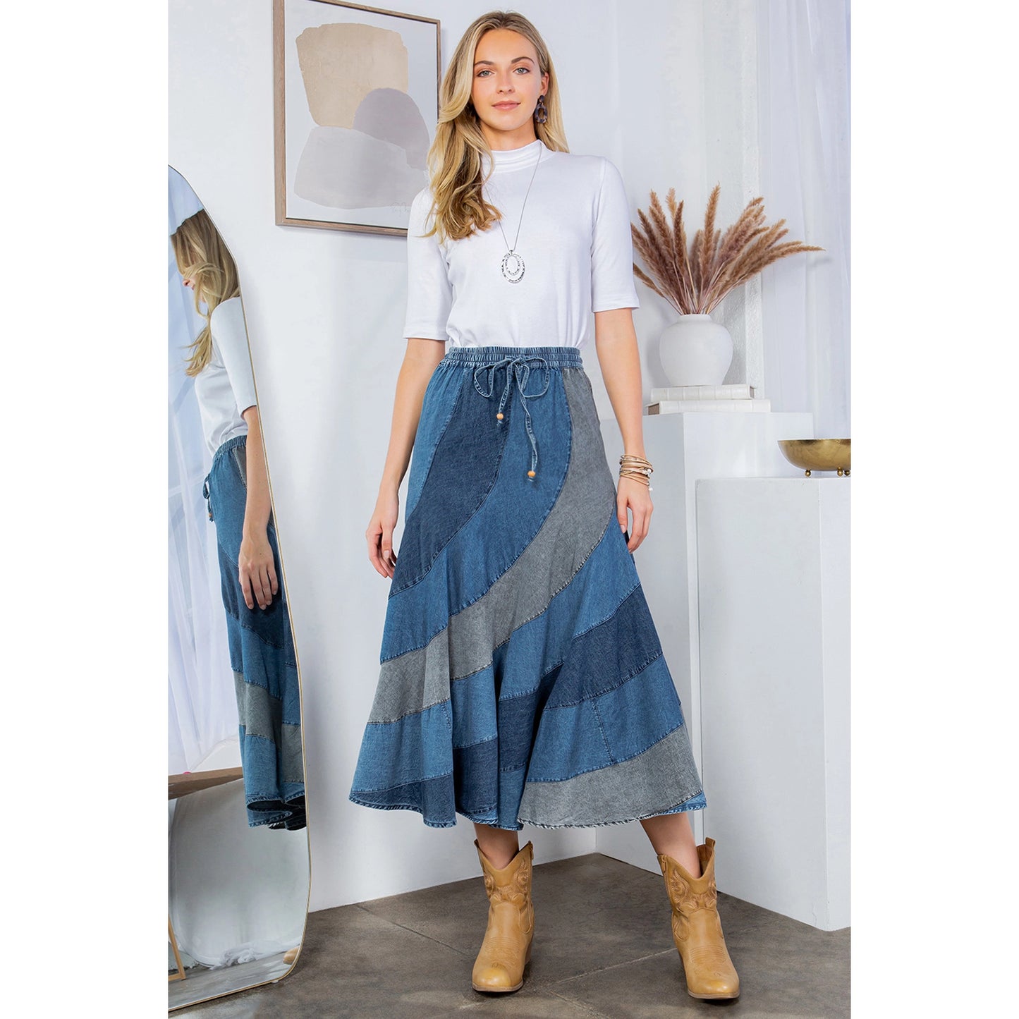 "Swirlin' Girl" Asymmetrical Denim Midi Skirt