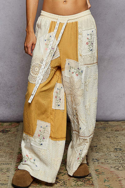 "Deacon" Patchwork Wide Leg Pants in Ivory Honey