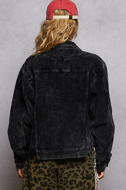 "Bobbie" Destroyed Hem Corduroy Jacket in Washed Black