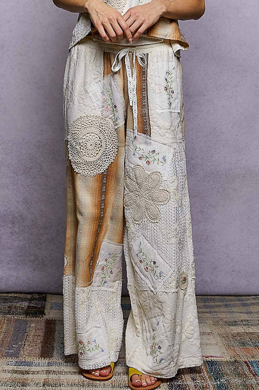 "Deacon" Patchwork Wide Leg Pants in Ivory Chocolate