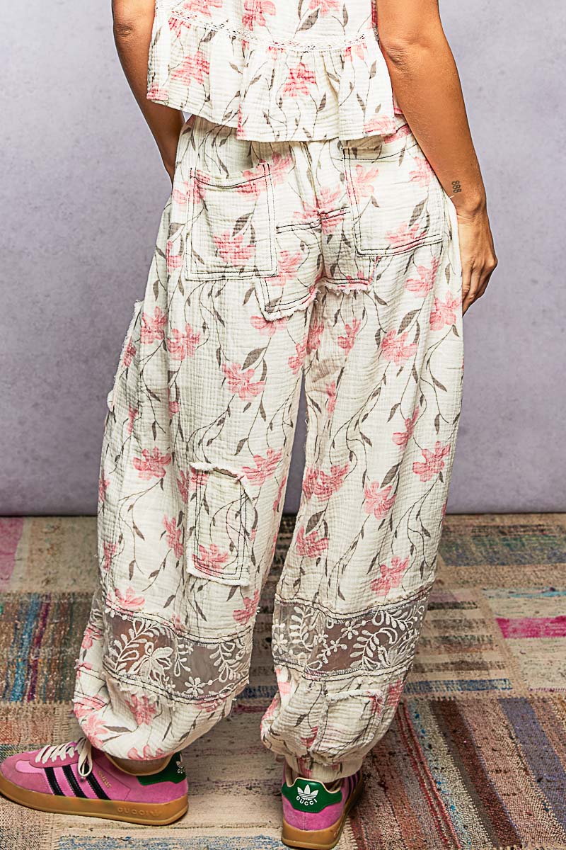 "Belle" Double Gauze Joggers in Ivory Pink Floral