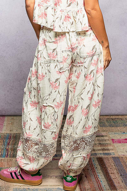 "Belle" Double Gauze Joggers in Ivory Pink Floral