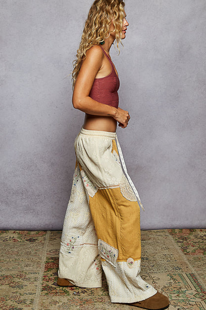 "Deacon" Patchwork Wide Leg Pants in Ivory Honey