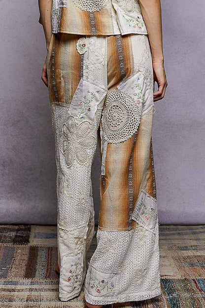 "Deacon" Patchwork Wide Leg Pants in Ivory Chocolate