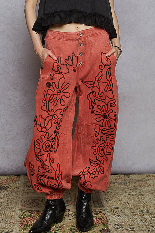 "Roadway" Brick Embroidered Jogger Pants