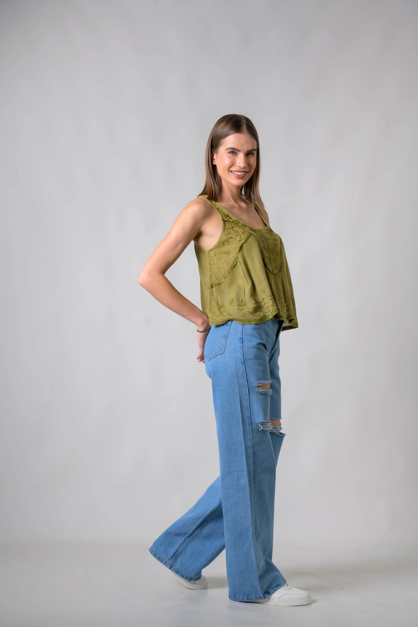"Petticoat" Sleeveless Viscose Tank Top in Olive Green