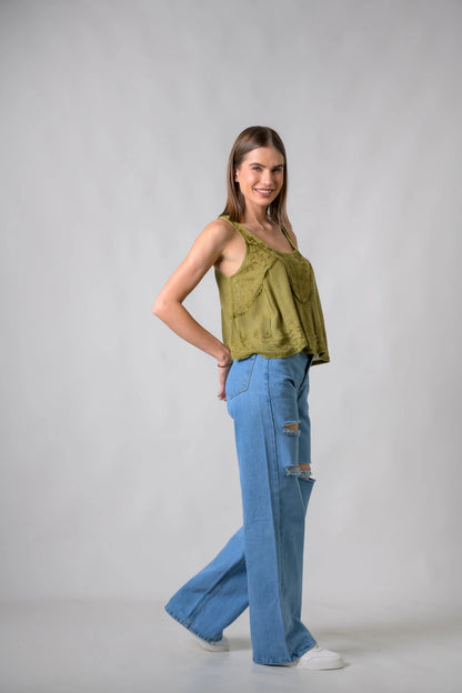 "Petticoat" Sleeveless Viscose Tank Top in Olive Green