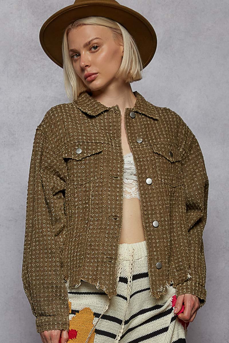 "Lennon" Laser Textured Distressed Twill Jacket in Olive Brown