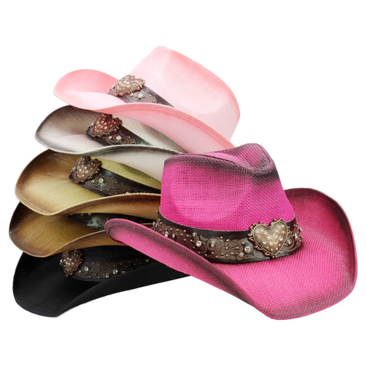 "Heart Bling" Rhinestone Belt Ombre Straw Cowboy Hat