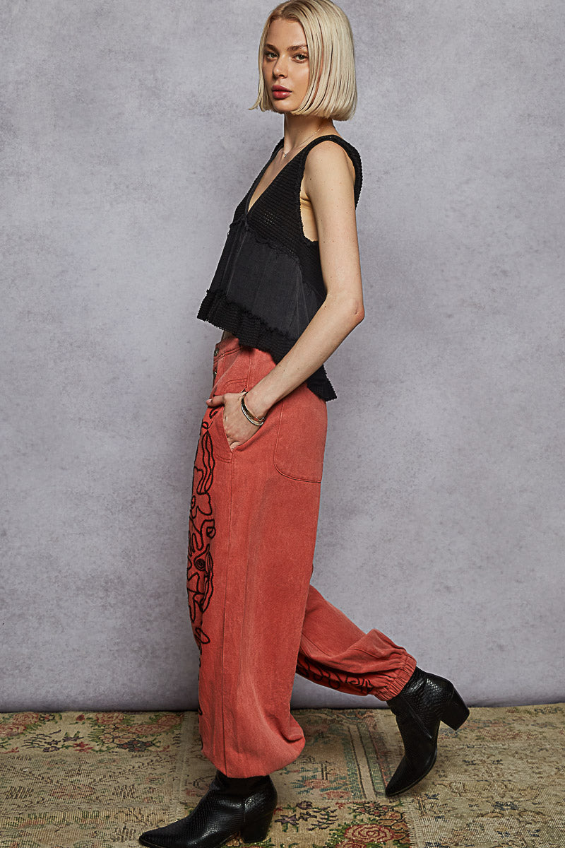 "Roadway" Brick Embroidered Jogger Pants