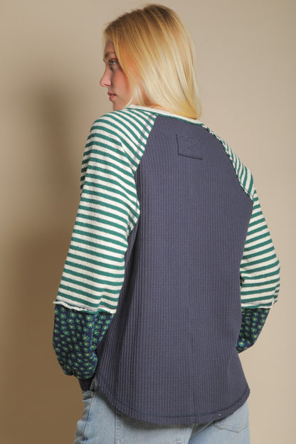 "Freda" Floral Stripe Balloon Sleeve Knit Top Blue Green