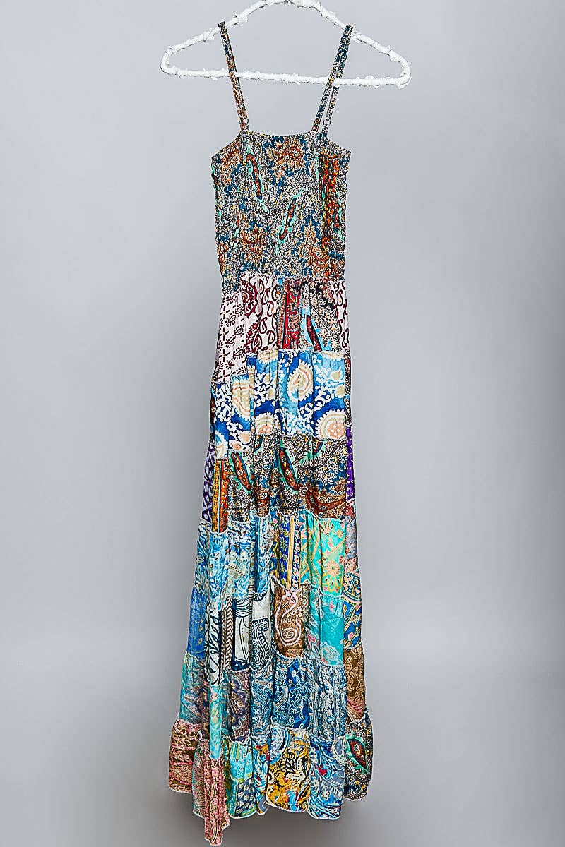 "Boho Patch" Square Neck Smocked Maxi Dress