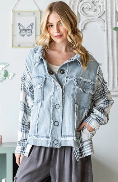 "Veronica" Blue Plaid Grommet Front Denim Jacket
