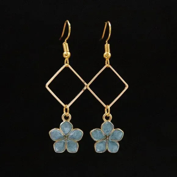 "Blue Flower" Handmade Goldtone and Glass Bead Earrings
