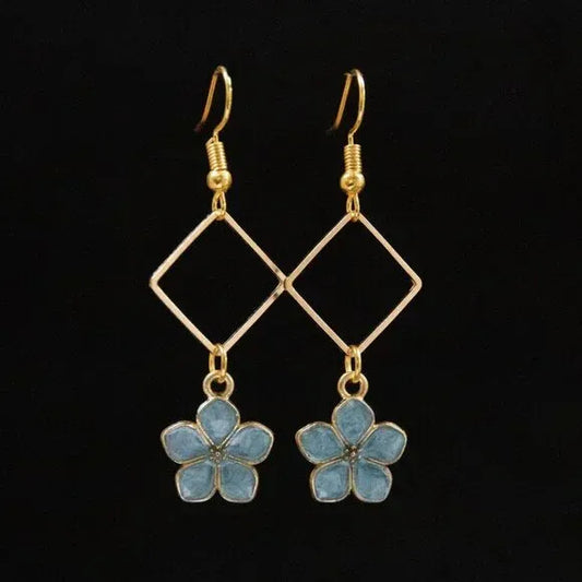 "Blue Flower" Handmade Goldtone and Glass Bead Earrings