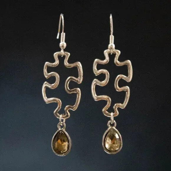 "Puzzle Piece" Handmade Goldtone and Glass Bead Earrings