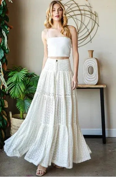"Sweet Jane" Mineral Wash White Eyelet Tiered Maxi Skirt