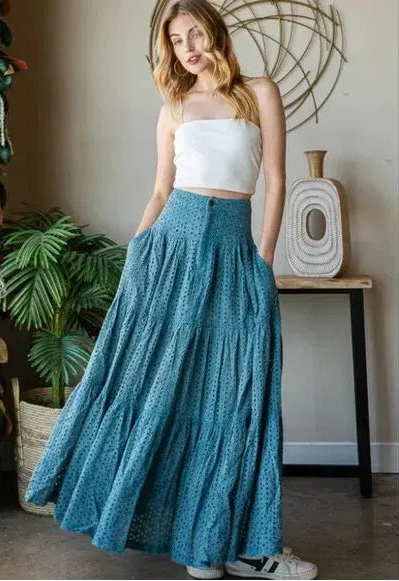 "Sweet Jane" Mineral Wash Blue Eyelet Tiered Maxi Skirt