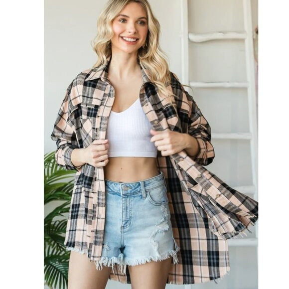 "Tandy" Tan Black Mineral Wash Plaid Flannel Shirt