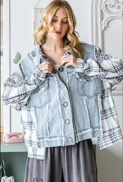 "Veronica" Blue Plaid Grommet Front Denim Jacket
