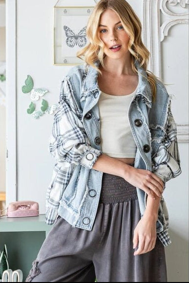 "Veronica" Blue Plaid Grommet Front Denim Jacket